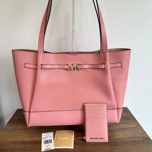 Michael Kors NEW Reed Primrose Leather Belted Tote Pink Bag & Cardholder Wallet